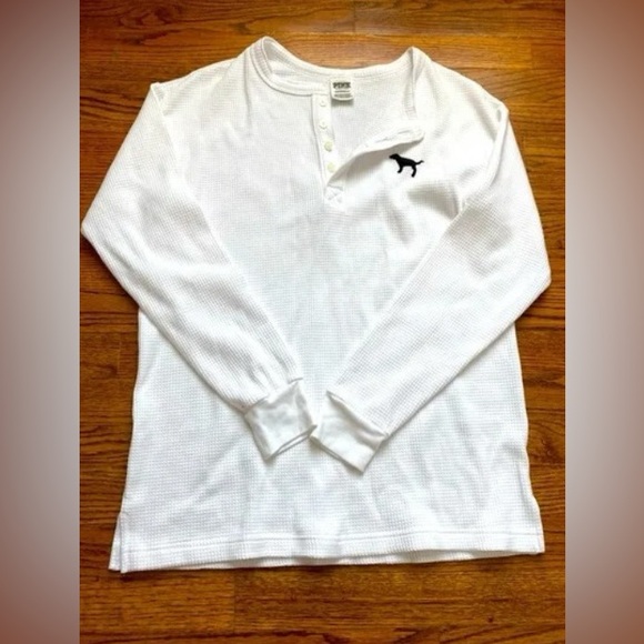 NWOT PINK VICTORIA SECRET THICK OVERSIZED HEAVY HENLEY THERMAL WAFFLE TEE - Picture 1 of 3